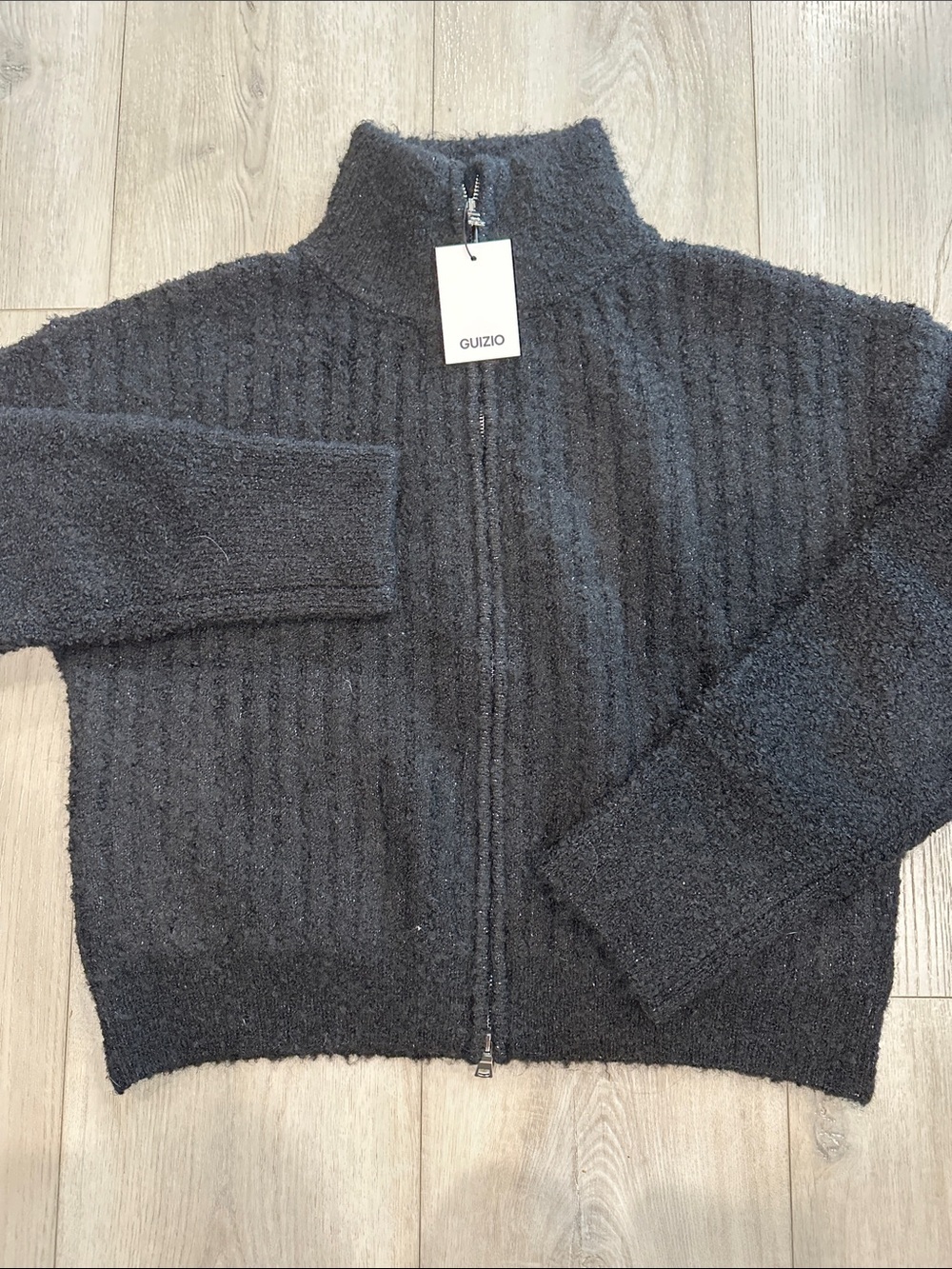 Guizio Mila Zip Up Fuzzy Ribbed Cardigan Sweater Black Size Small NWT